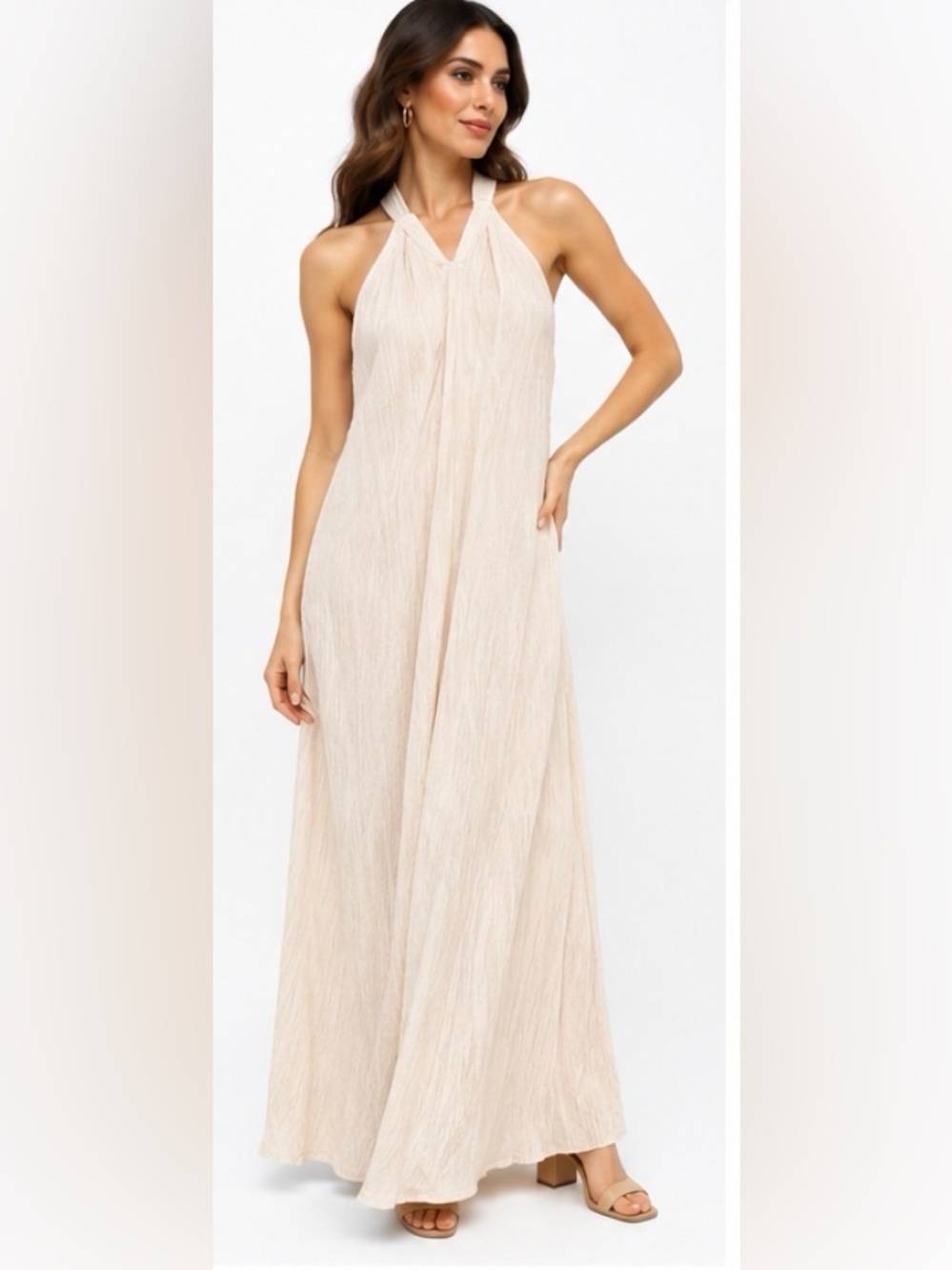 COMMENSE Crinkled Textured Halter Maxi Dress White Size S